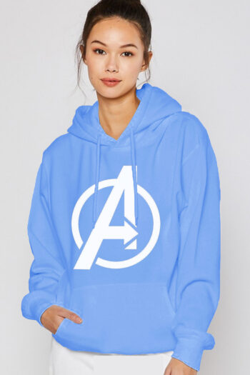 SOLID COLOR COTTON WOMEN HOODIE BLUE WITH PRINTED AVENGER LOGO